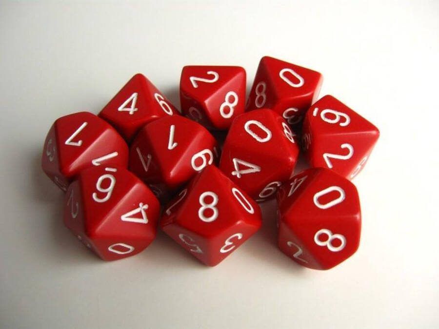 Chessex Opaque Red white D10 Dobbelsteen Set (10 stuks)