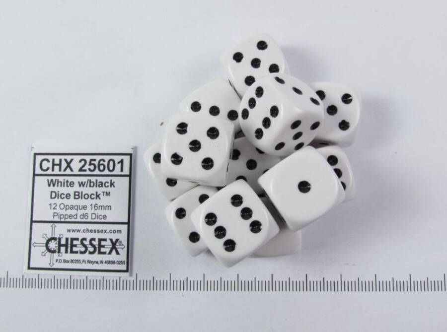 Chessex Opaque White black D6 16mm Dobbelsteen Set (12 stuks)