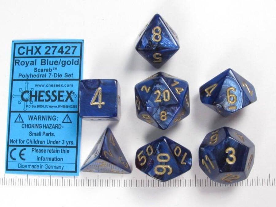 Chessex dobbelstenen set 7 polydice Scarab Royal Blue w gold