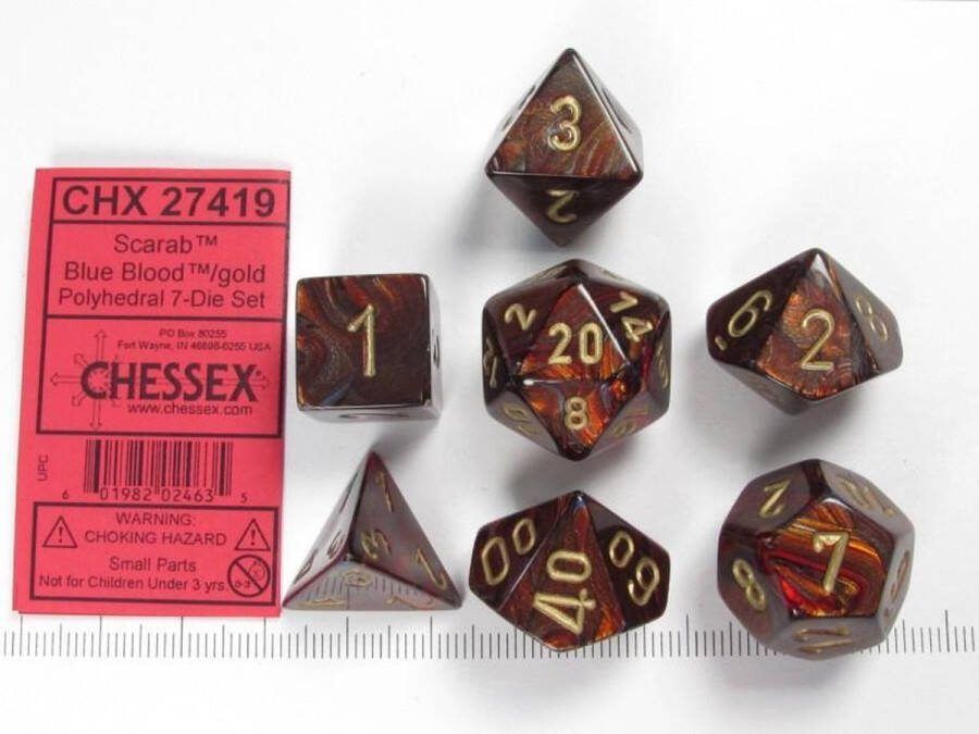 Chessex Scarab Blauw Bloed goud Polydice Dobbelsteen Set (7 stuks)