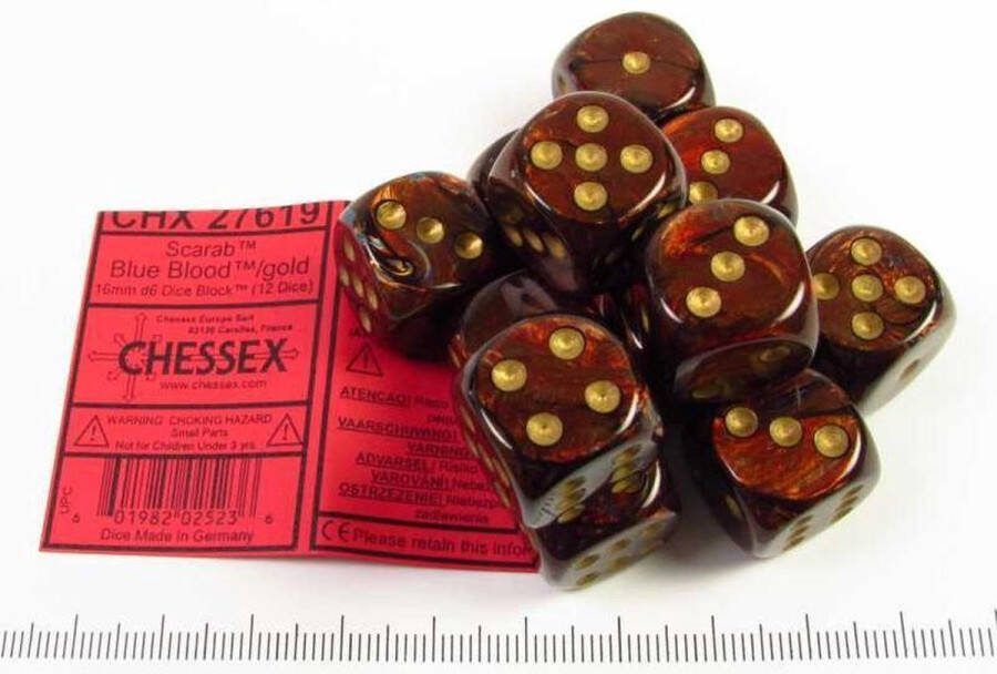 Chessex Scarab blauw bloed goud D6 16mm Dobbelsteen Set (12 stuks)