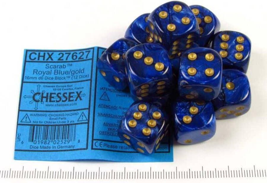 Chessex Scarab Royal Blue gold D6 16mm Dobbelsteen Set (12 stuks)