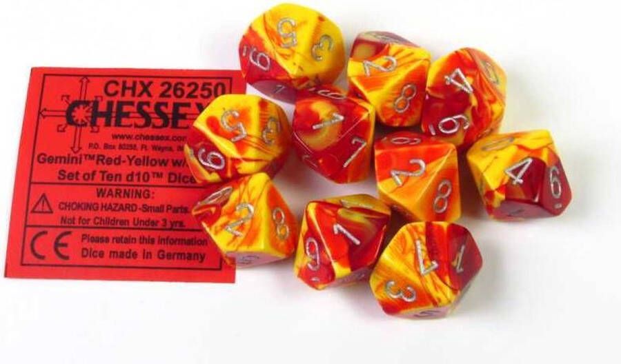 Chessex Gemini Red-Yellow silver D10 Dobbelsteen Set (10 stuks)