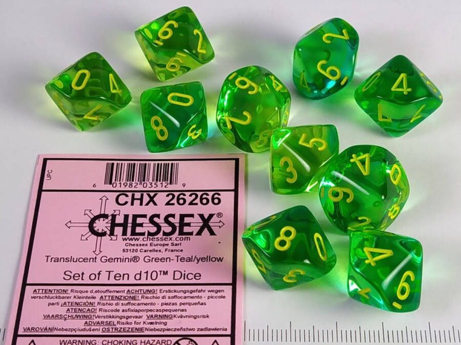 Chessex Gemini Translucent Green-Teal yellow Dobbelsteen Set (10 stuks)