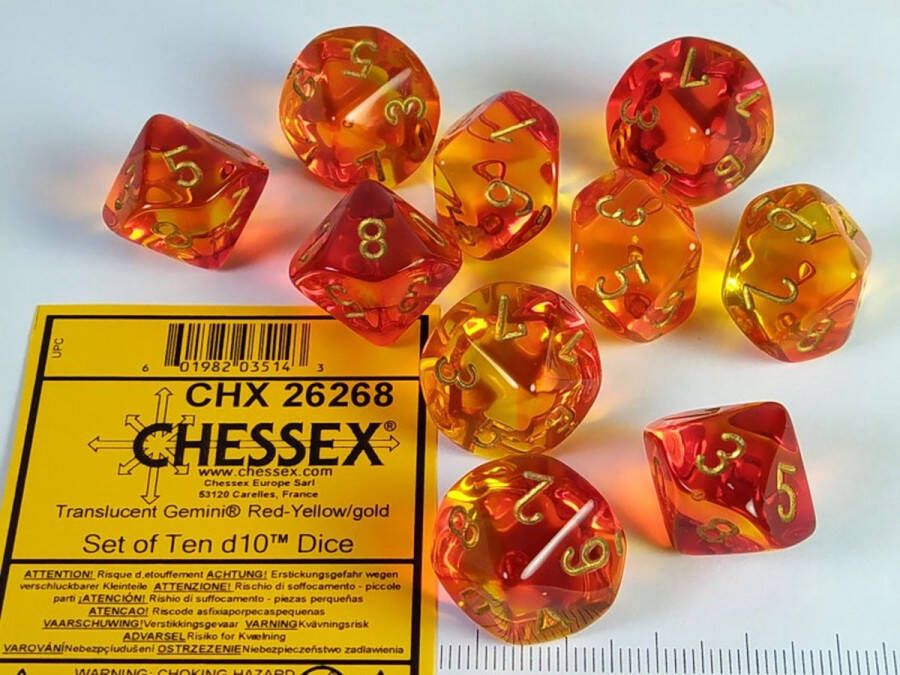 Chessex Gemini Translucent Red-Yellow gold Dobbelsteen Set (10 stuks)