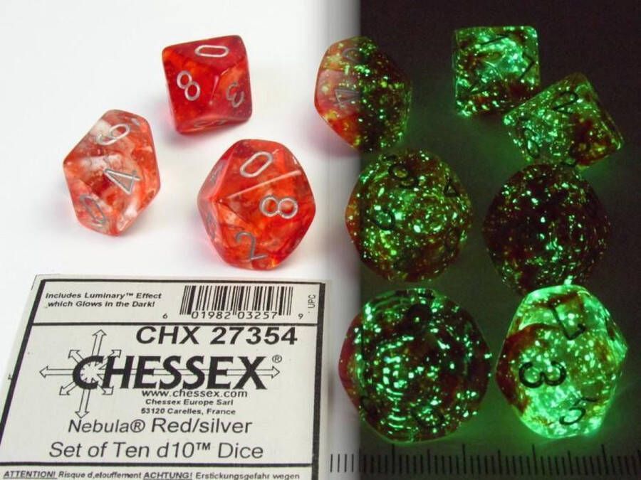 Chessex Nebula Red silver Luminary D10 Dobbelsteen Set (10 stuks)