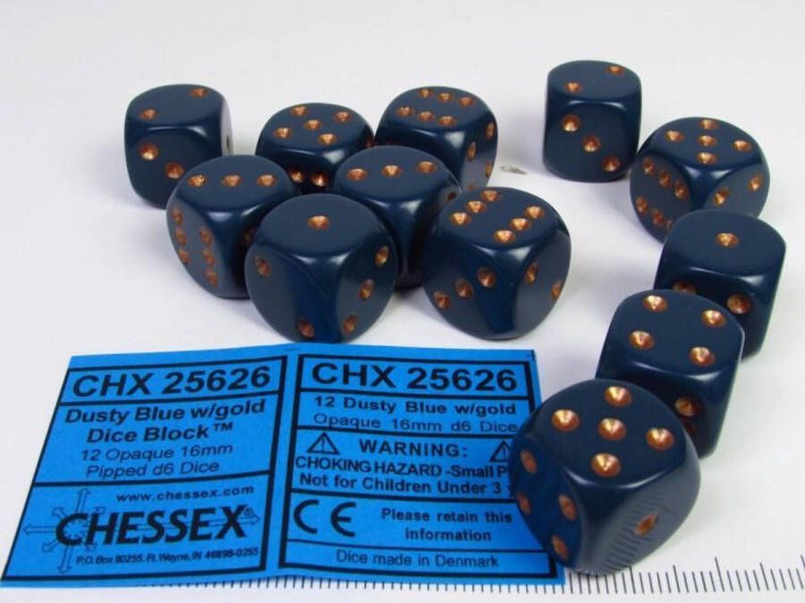 Chessex Set 12 6-zijdig 16mm blauw met goud