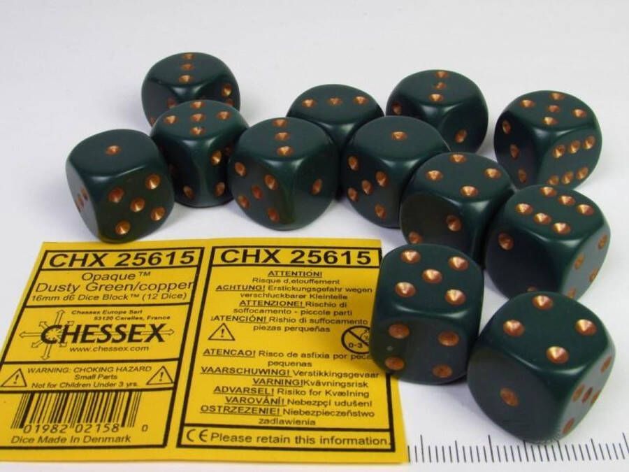Chessex Set 12 6-zijdig 16mm groen met goud
