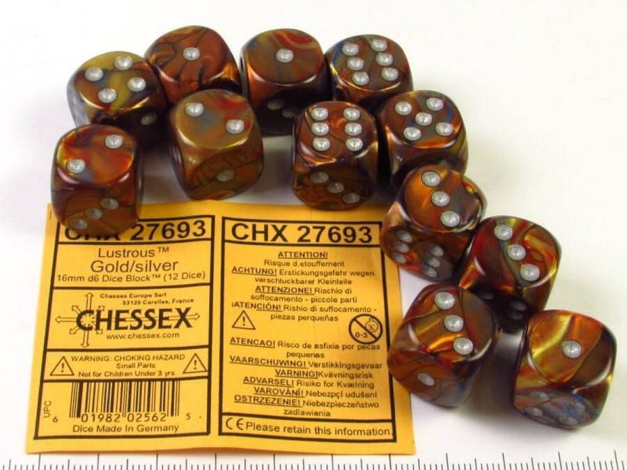 Chessex Lustrous Gold silver D6 16mm Dobbelsteen Set (12 stuks)