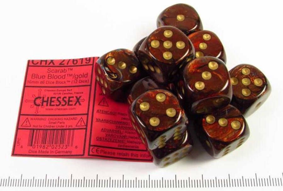 Chessex Scarab Blue Blood gold D6 16mm Dobbelsteen Set (12 stuks)