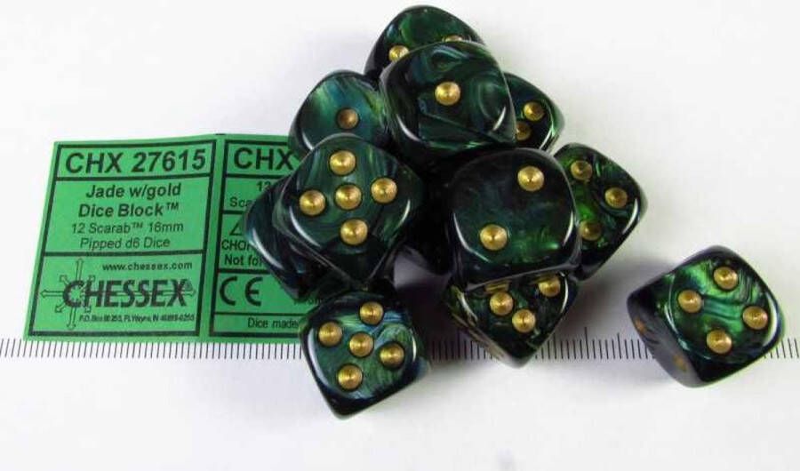 Chessex Scarab Jade gold D6 16mm Dobbelsteen Set (12 stuks)