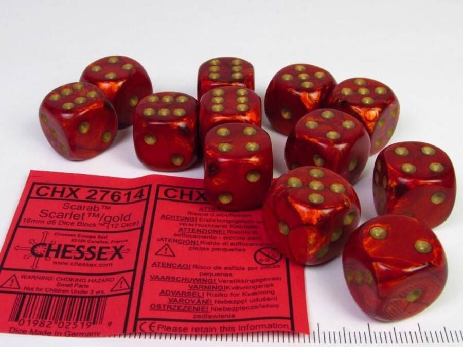Chessex Scarab Scarlet gold D6 16mm Dobbelsteen Set (12 stuks)