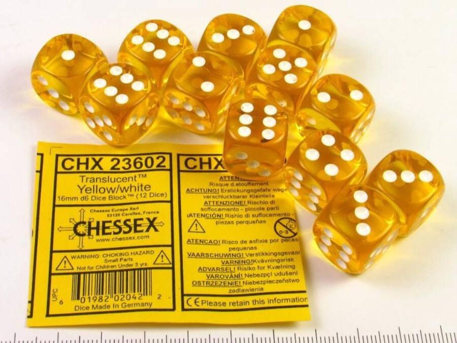 Chessex Translucent Yellow white D6 16mm Dobbelsteen Set (12 stuks)