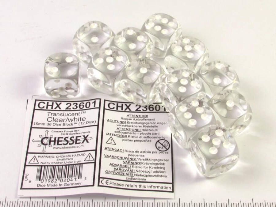 Chessex Doorschijnend helder wit D6 16mm Dobbelsteenset (12 stuks)