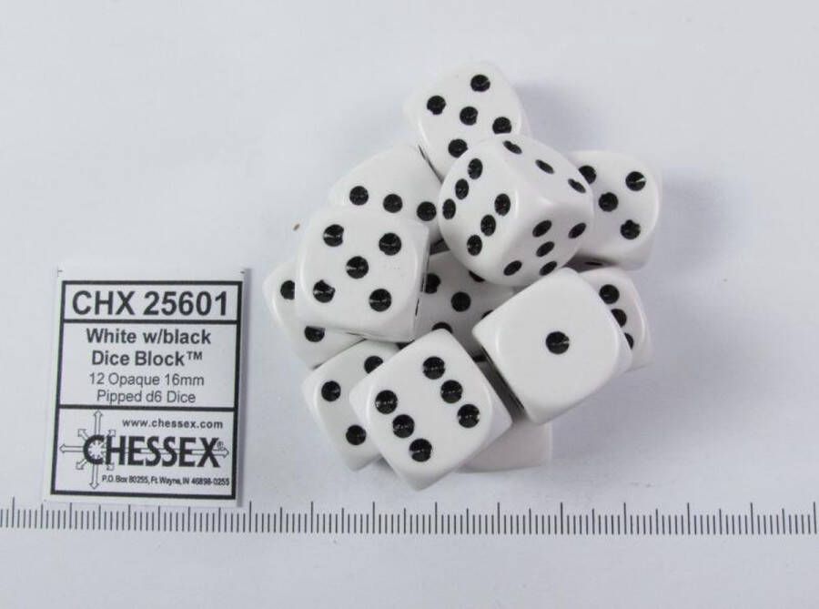 Chessex Set 12 6-zijdig 16mm wit