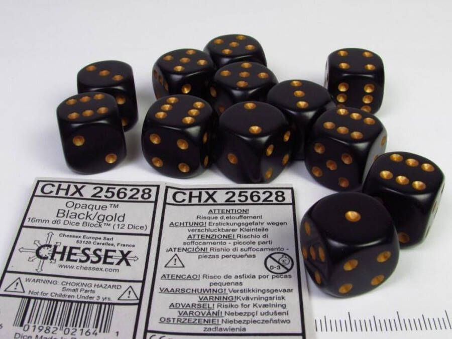 Chessex Set 12 6-zijdig 16mm zwart met goud