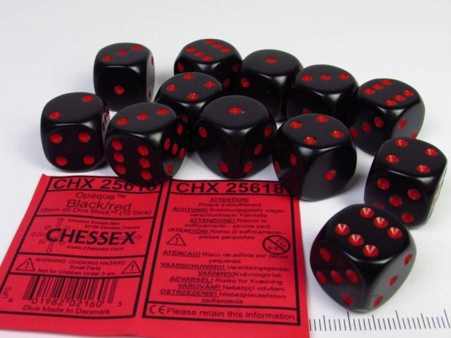 Chessex Set 12 6-zijdig 16mm zwart met rood