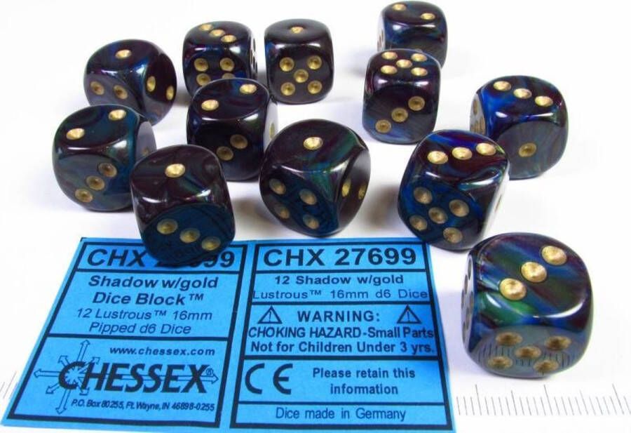 Chessex Lustrous Shadow gold D6 16mm Dobbelsteen Set (12 stuks)