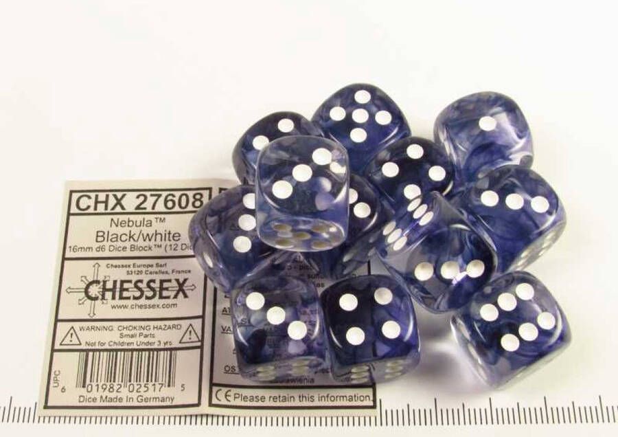 Chessex Nebula Black white D6 16mm Dobbelsteen Set (12 stuks)