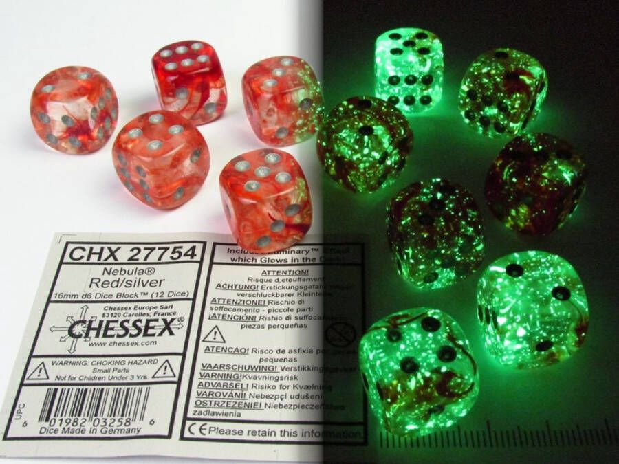 Chessex Nebula Red silver Luminary D6 16mm Dobbelsteen Set (12 stuks)