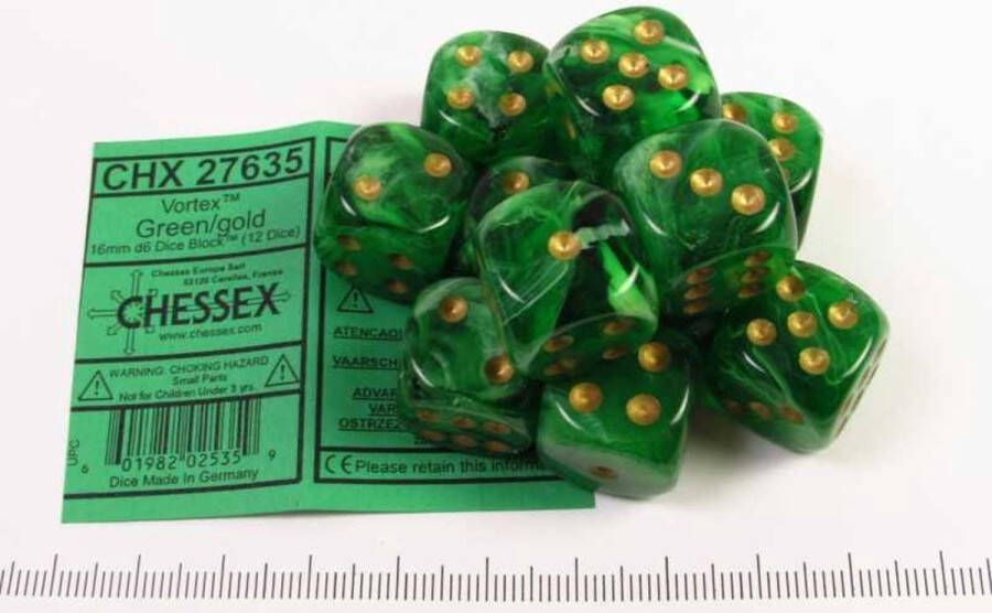 Chessex Vortex Green gold D6 16mm Dobbelsteen Set (12 stuks)