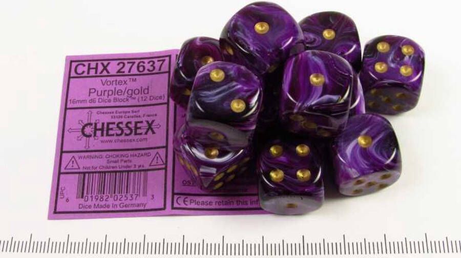 Chessex Vortex Purple gold D6 16mm Dobbelsteen Set (12 stuks)