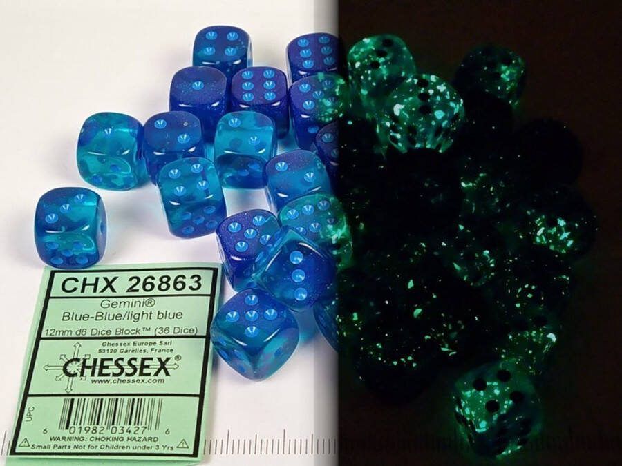 Chessex Gemini Blue-Blue light blue Luminary D6 12mm Dobbelsteen Set (36 stuks)