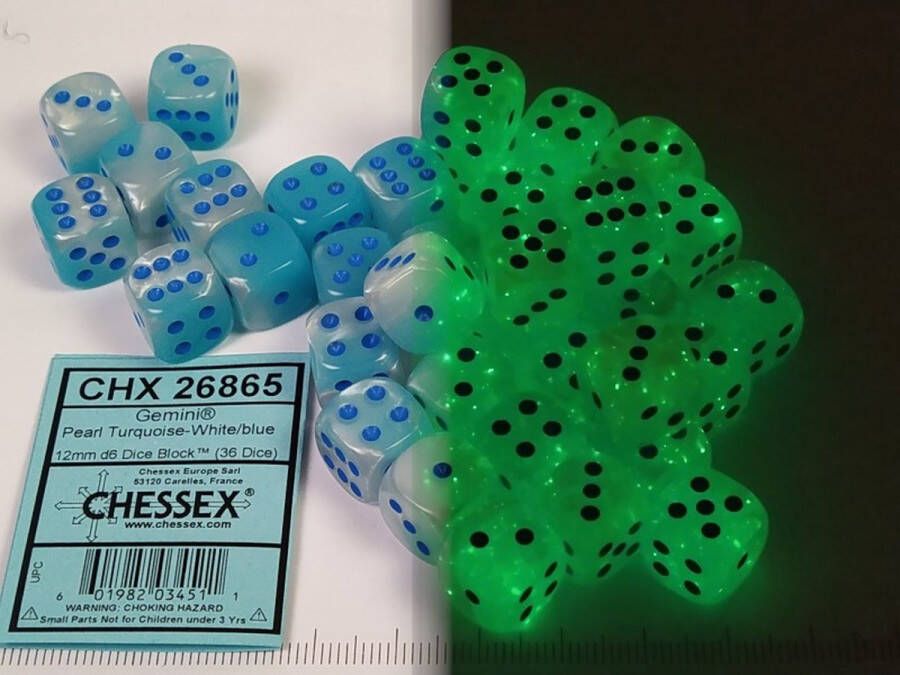 Chessex Set 36 6-zijdig 12 mm Gemini Pearl Turquoise-White w blue