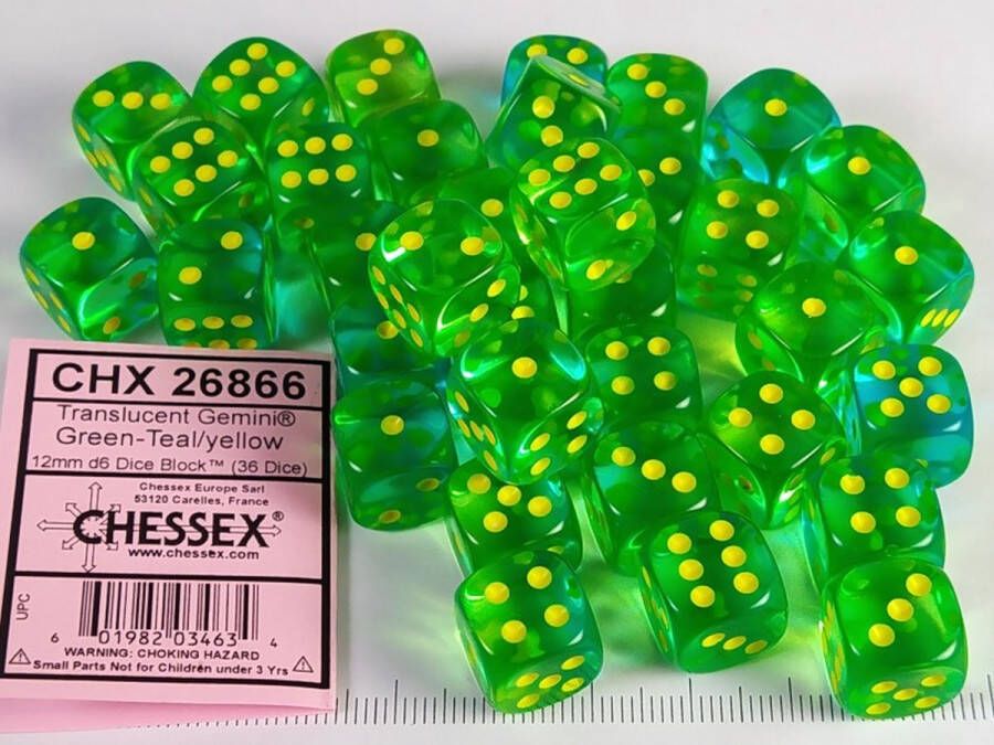Chessex Set 36 6-zijdig 12 mm Gemini Transp. Green-Teal w yellow