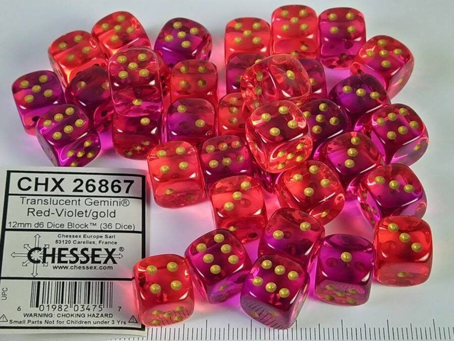 Chessex Gemini Translucent Red-Violet gold D6 12mm Dobbelsteen Set (36 stuks)