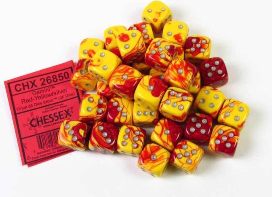 Chessex Gemini Red-Yellow silver D6 12mm Dobbelsteen Set (36 stuks)