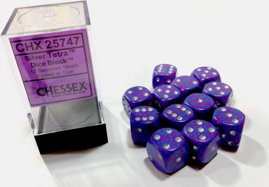 Chessex Silver Tetra Speckled D6 16mm Dobbelsteen Set (12 stuks)