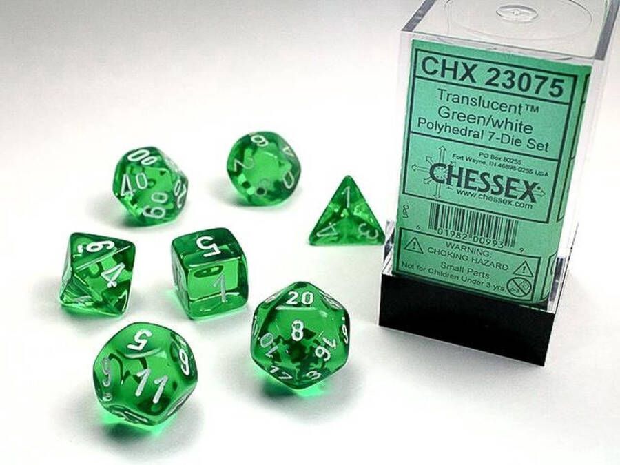 Chessex Translucent Green white Polydice Dobbelsteen Set (7 stuks)