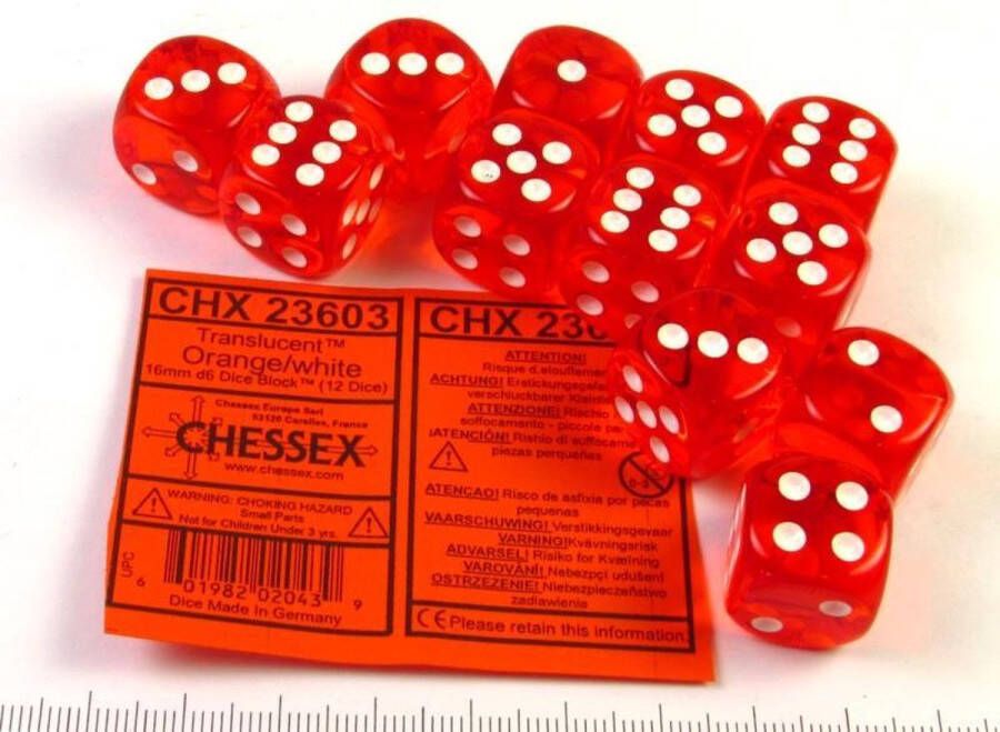 Chessex Translucent Orange white D6 16mm Dobbelsteen Set (12 stuks)