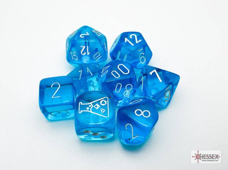 Chessex Translucent Polyhedral Tropical Blue white Dobbelsteen Set (7 stuks + 1 bonus)