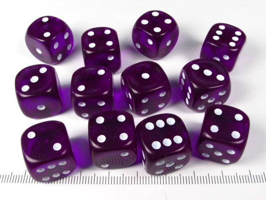 Chessex Translucent Purple white D6 16mm Dobbelsteen Set (12 stuks)