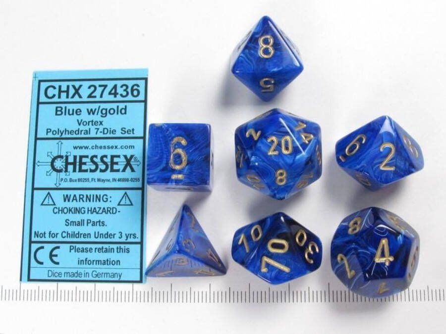 Chessex Vortex blauw goud Polydice Dobbelsteen Set (7 stuks)