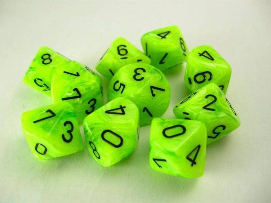 Chessex Vortex Bright Green black D10 Dobbelsteen Set (10 stuks)