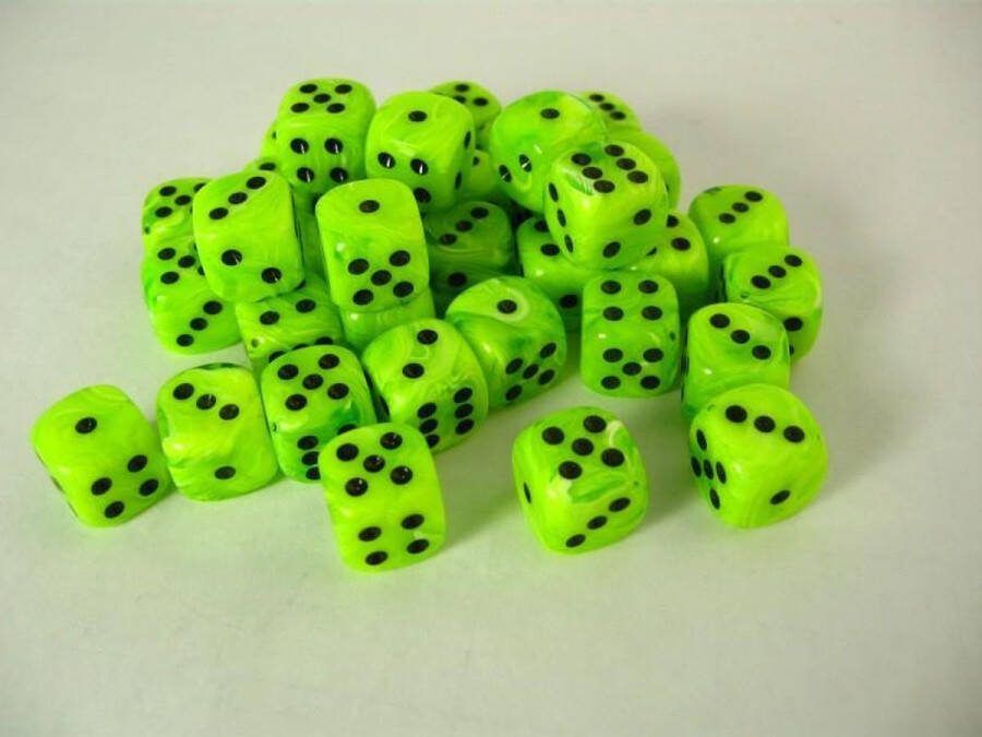 Chessex Vortex Bright Green black D6 12mm Dobbelsteen Set (36 stuks)