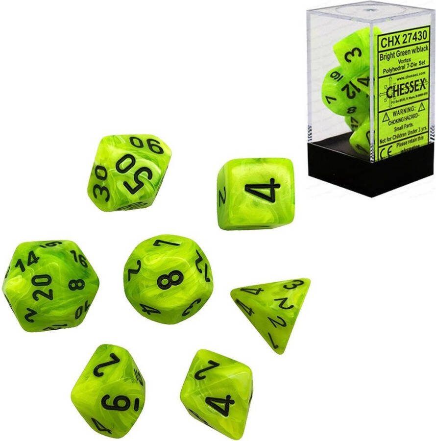 Chessex Vortex helder groen zwart Polydice Dobbelsteen Set (7 stuks)