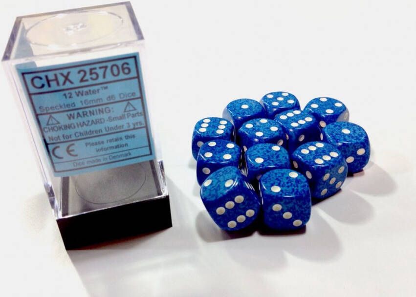 Chessex Water Speckled D6 16mm Dobbelsteen Set (12 stuks)