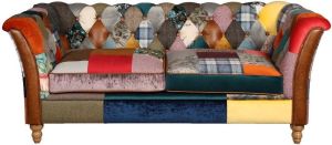 Chesterfield 3 zits bank Multicolor Patchwork Harris Tweed stof leer