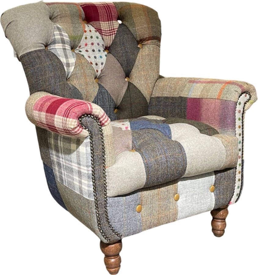 Chesterfield Fauteuil Patchwork Harris Tweed stof Wol Multicolor