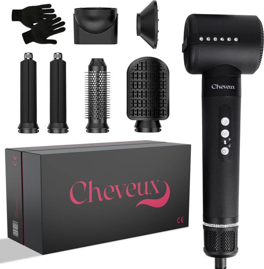 Cheveux Airwrap 7-in-1 Multistyler Zwart Krultang Fohnborstel Haardroger met diffuser Krulborstel -Airstyler Verstelbare Verwarmings en Blaasstanden Voor Haarstyling