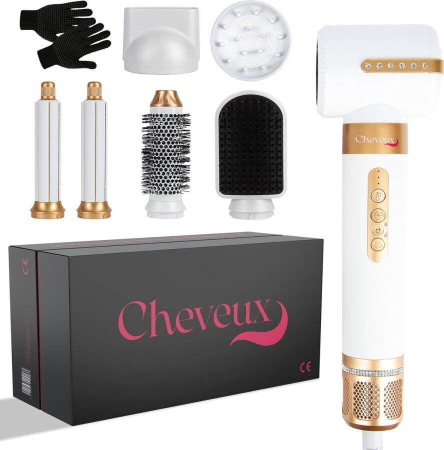 Cheveux 7-in-1 Airstyler PRO Wit Krultang Fohnborstel Haardroger met diffuser Krulborstel Multistyler Verstelbare Verwarmings en Blaasstanden Voor Haarstyling