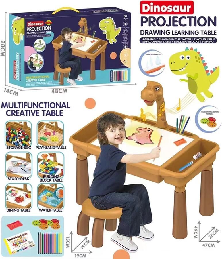 CHIBBO Dino bruin Tekentafel Kinderen met Projector & Muziek Magisch Tekenbord Peuter Leren Tekenen in Hoogte Verstelbaar Incl Kleurboek & Stiften Kerstcadeau