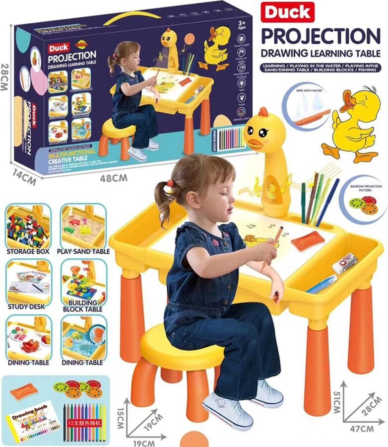 CHIBBO Eend geel Tekentafel Kinderen met Projector & Muziek Magisch Tekenbord Peuter Leren Tekenen in Hoogte Verstelbaar Incl Kleurboek & Stiften Kerstcadeau