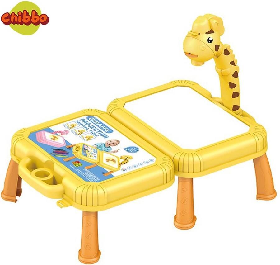 CHIBBO Giraffe Tekentafel Geel Kinderen met Projector & Muziek Magisch Tekenbord Peuter Leren Tekenen in Hoogte Verstelbaar Incl Kleurboek & Stiften kerstcadeau