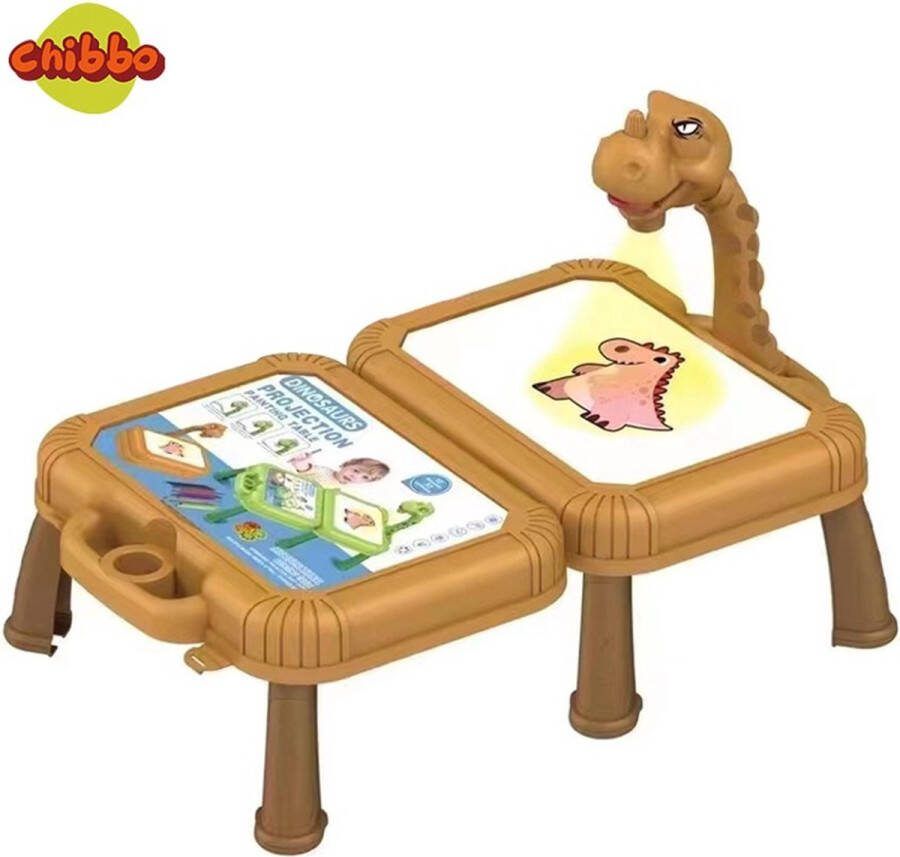 CHIBBO Dino Tekentafel bruin Kinderen met Projector & Muziek Magisch Tekenbord Peuter Leren Tekenen in Hoogte Verstelbaar Incl Kleurboek & Stiften kerstcadeau