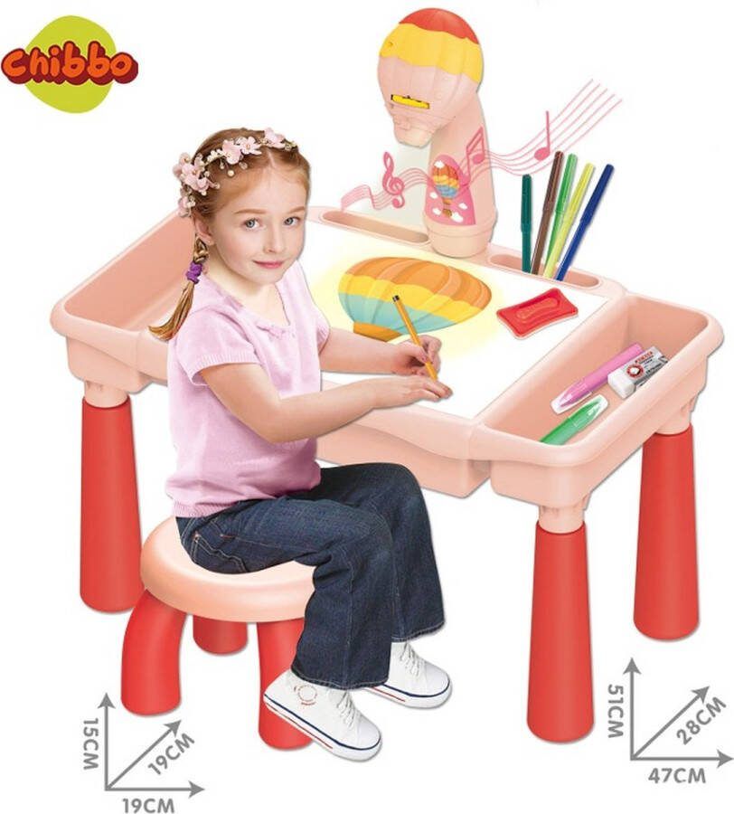 CHIBBO Luchballon Roze Tekentafel Kinderen met Projector & Muziek Magisch Tekenbord Peuter Leren Tekenen in Hoogte Verstelbaar Incl Kleurboek & Stiften Kerstcadeau